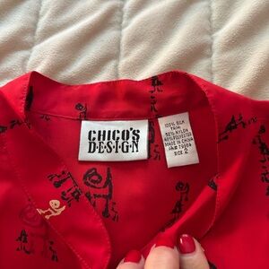 Chico's Red Silk Blouse with Black Floral Design
